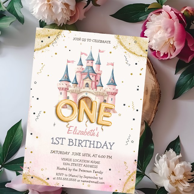 Princess Castle Confetti Watercolor 1st Birthday Invitation (Creator Uploaded)