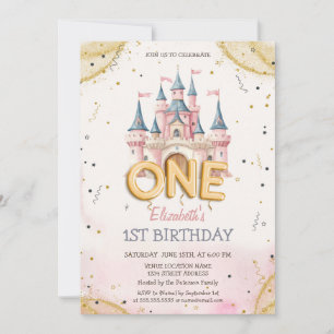 Princess Castle Confetti Watercolor 1st Birthday Invitation