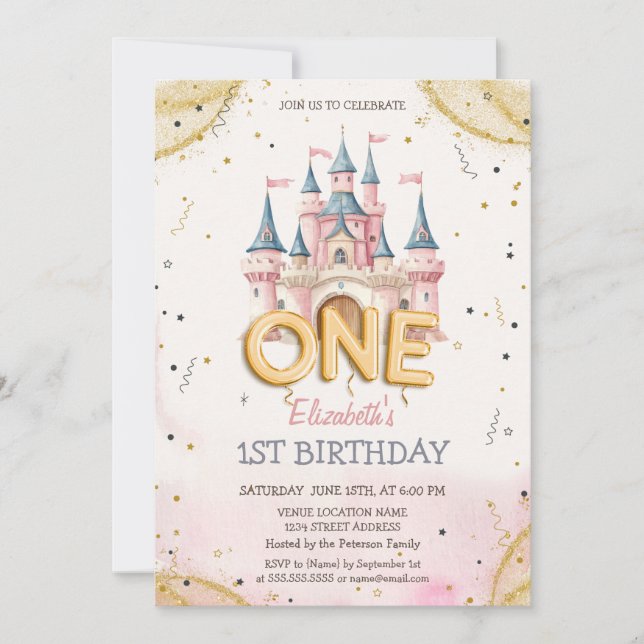 Princess Castle Confetti Watercolor 1st Birthday Invitation (Front)