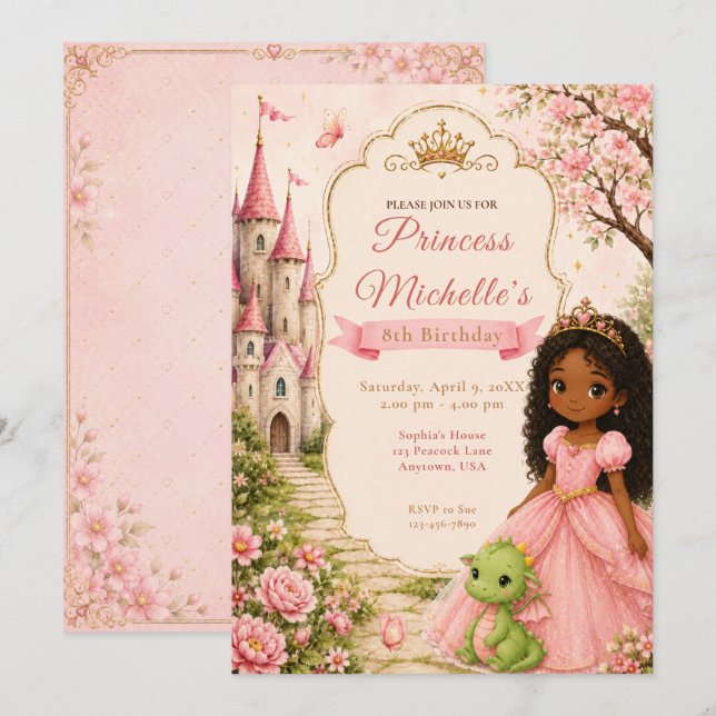 Princess Castle Dragon Birthday Party Invitation (Front/Back)