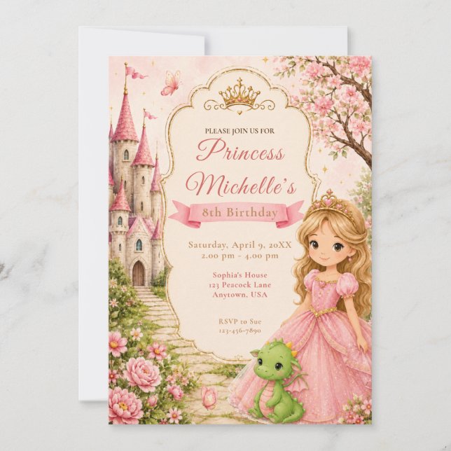Princess Castle Dragon Birthday Party Invitation (Front)