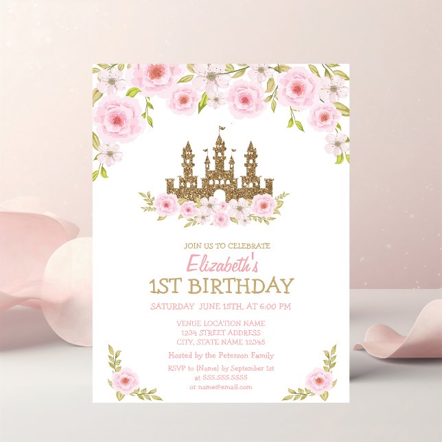 Princess Castle,Flowers, Striped Birthday  Invitation (Creator Uploaded)