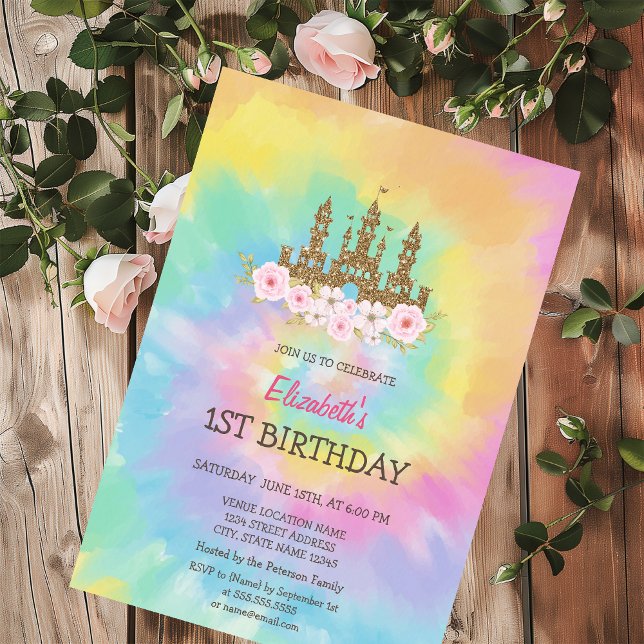 Princess Castle Flowers Tie Dye Birthday  Invitation (Creator Uploaded)