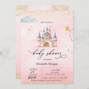 Princess Castle Gold Dust Pink Baby Shower Invitation