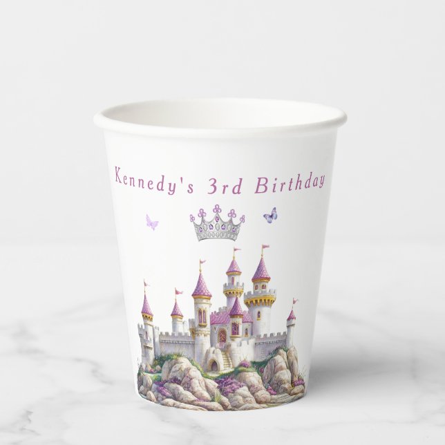 Princess Castle Silver Crown Pink Gems Butterflies Paper Cups (Front)