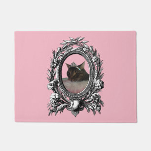 Princess Cat Vintage Frame Pink Background Doormat