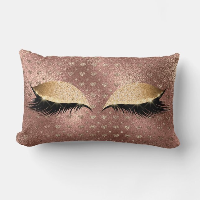 Princess Copper Rose Gold Glitter Lashes Hearts Lumbar Cushion (Front)