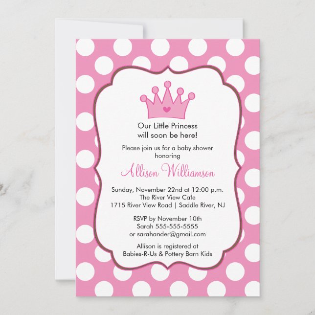 Princess Crown Baby Shower Invitation Pink Dots (Front)