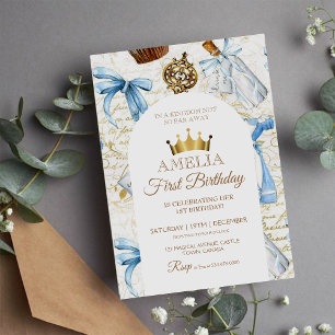Princess Crown Blue and Gold Birthday First Party Invitation