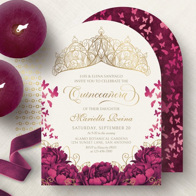 Princess Crown Burgundy Butterflies Quinceanera Invitation (Creator Uploaded)