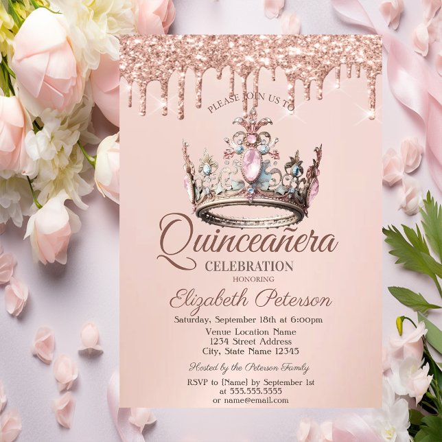 Princess Crown Castle Rose Gold Drips Quinceañera Invitation (Creator Uploaded)