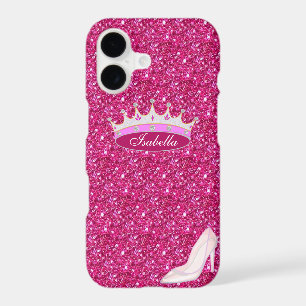 Princess crown & crystal shoe on pink glitter