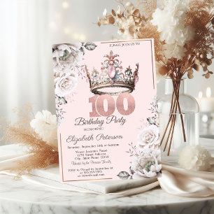 Princess Crown Floral 100th Birthday Party Invitation