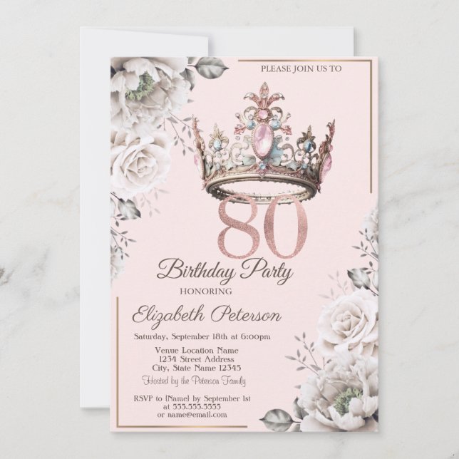 Princess Crown Floral 80th Birthday Party Invitation (Front)