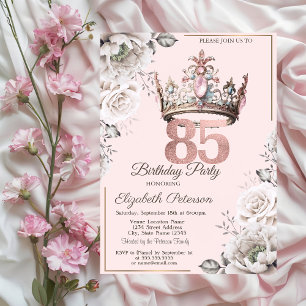 Princess Crown Floral 85th Birthday Party Invitation