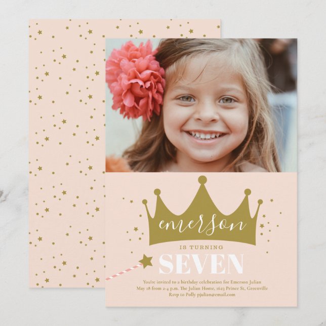 Princess crown girls photo birthday party invitation (Front/Back)
