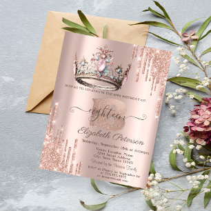Princess Crown Glitter Drips Rose Gold 18th  Invitation