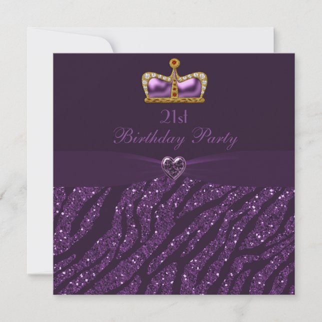 Princess Crown Heart & Zebra Glitter 21st Birthday Invitation (Front)