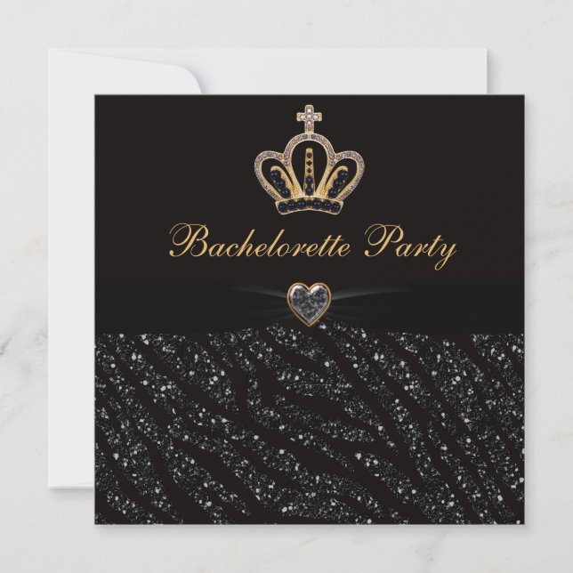 Princess Crown Heart & Zebra Glitter Bachelorette Invitation (Front)