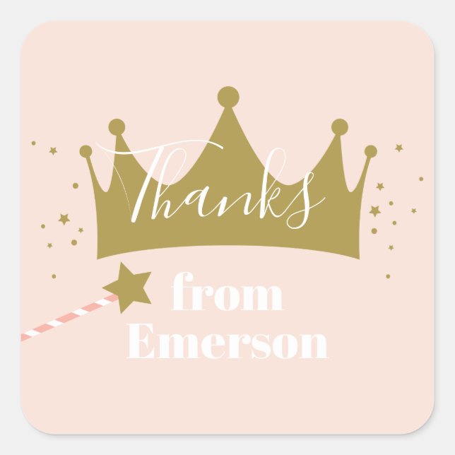 Princess crown kids birthday party thank you square sticker (Front)