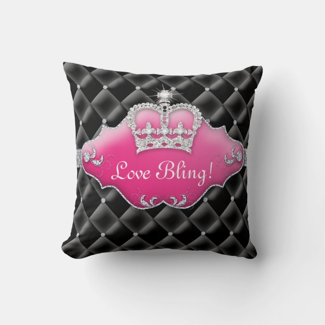 Princess Crown Pillow Tufted Satin Diamonds Black (Front)