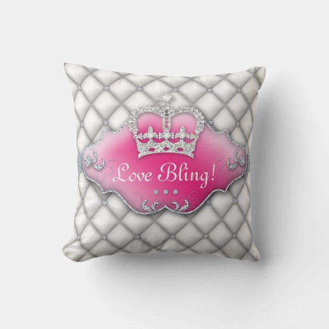 Princess Crown Pillow Tufted Satin Diamonds White (Front)