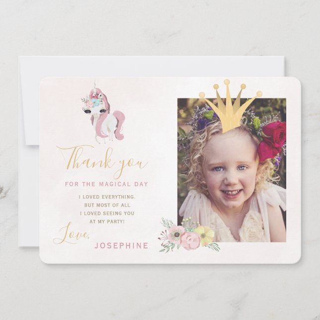 Princess crown pink and gold girl photo thank you invitation (Front)
