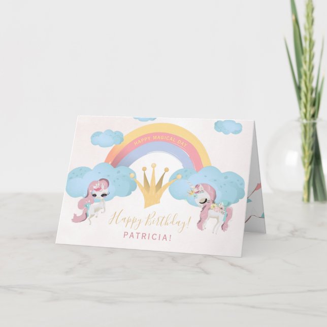 Princess crown pink and gold girls happy birthday card (Front)