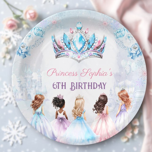 Princess Crown Pink Blue Winter Girl Birthday Paper Plate (Princess Crown Pink Blue Winter Girl Birthday Paper Plates)