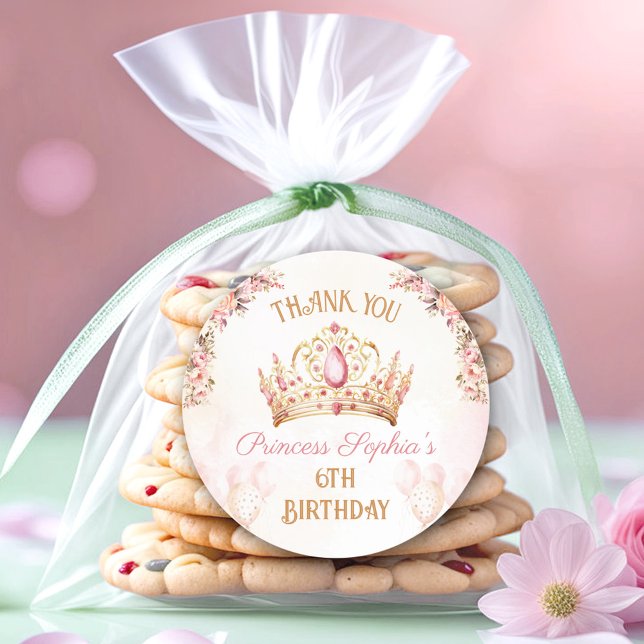 Princess Crown Pink Floral Girl Birthday Favour Classic Round Sticker (Princess Crown Pink Floral Girl Birthday Favor Classic Round Sticker)