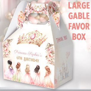 Princess Crown Pink Gold Floral Birthday Large Favour Box