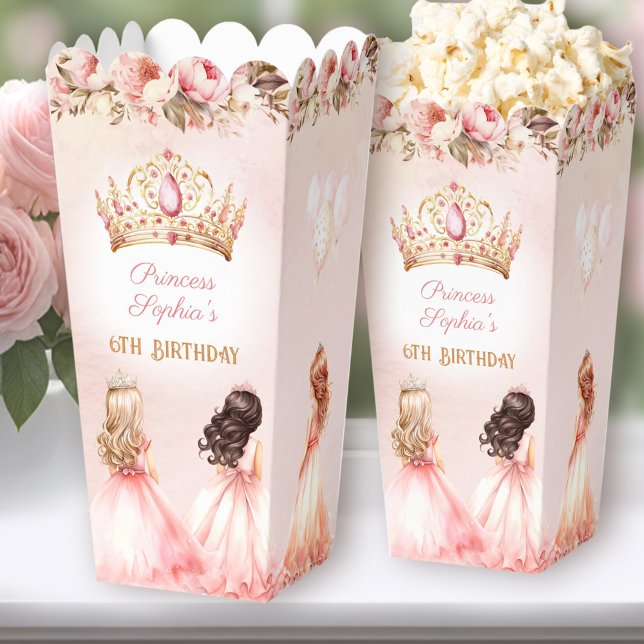 Princess Crown Pink Gold Floral Birthday Popcorn Favour Box (Princess Crown Pink Gold Floral Birthday Popcorn Favor Boxes)