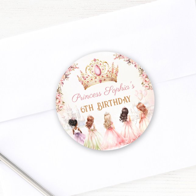 Princess Crown Pink Gold Floral Girl Birthday Classic Round Sticker (Princess Crown Pink Gold Floral Girl Birthday Classic Round Sticker)