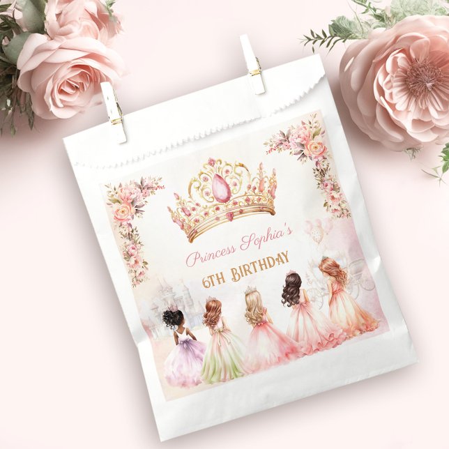 Princess Crown Pink Gold Floral Girl Birthday Favour Bags (Princess Crown Pink Gold Floral Girl Birthday Favor Bag)