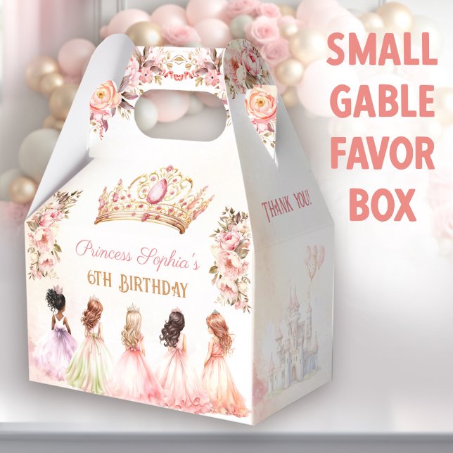 Princess Crown Pink Gold Floral Girl Birthday Favour Box (Small gable favor boxes. You can choose from 3 sizes of these gable favor boxes.)