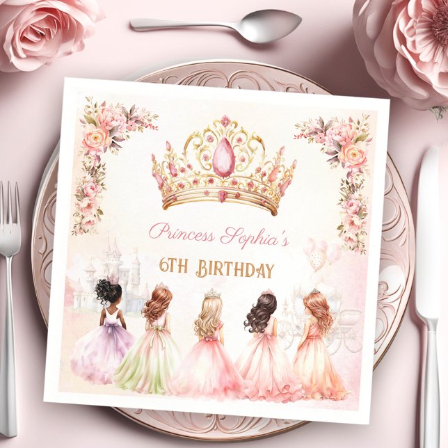 Princess Crown Pink Gold Floral Girl Birthday Napkin (Princess Crown Pink Gold Floral Girl Birthday Napkins)
