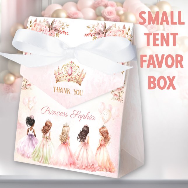 Princess Crown Pink Gold Floral Girl Birthday Tent Favour Box (Princess small tent favor boxes. You can choose from 2 sizes of these tent favor boxes.)