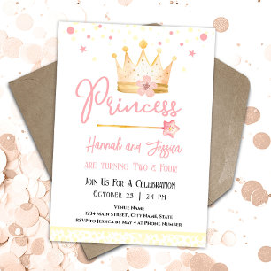 Princess Crown Pink Little Girls Double Birthday Invitation