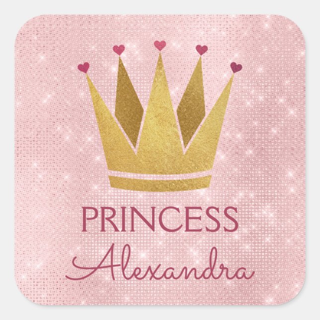 Princess Crown Rose Gold Blush Pink Sparkle Square Sticker (Front)