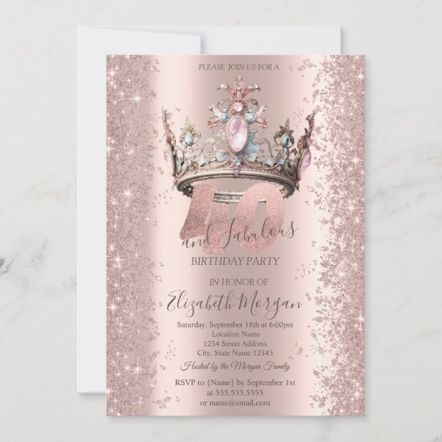 Princess Crown Rose Gold Sparkle Diamonds 40th Invitation (Front)