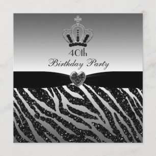 Princess Crown Zebra Glitter 40th Birthday Invitation
