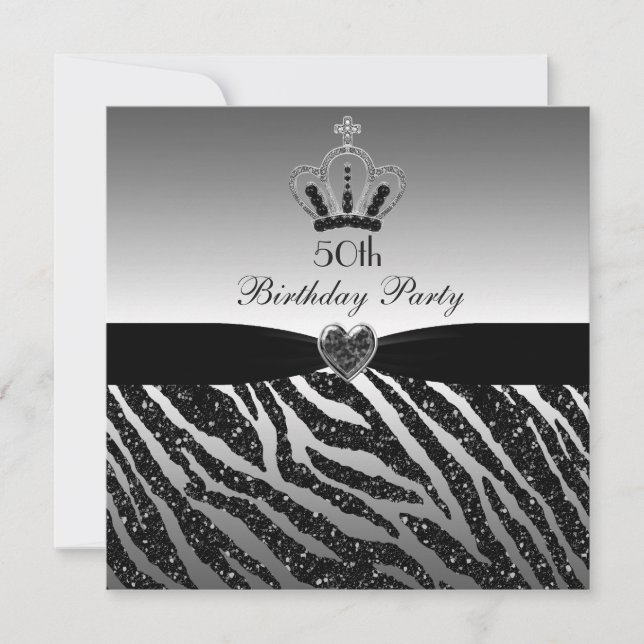 Princess Crown Zebra Glitter 50th Birthday Invitation (Front)
