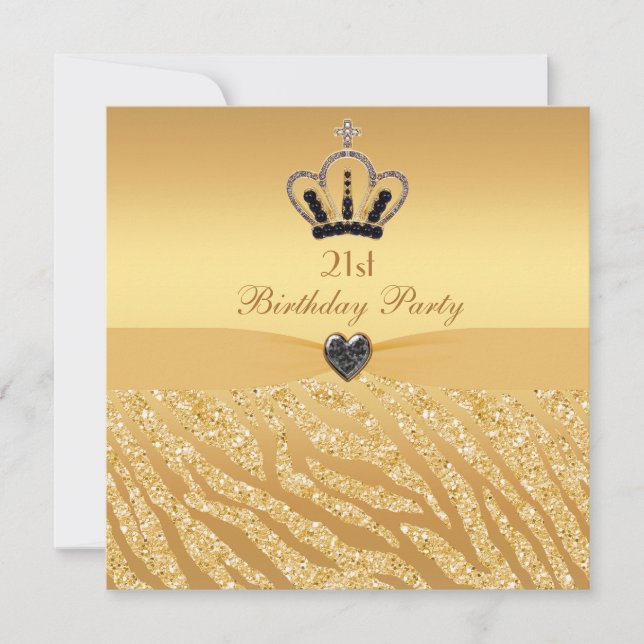 Princess Crown & Zebra Glitter Print 21st Birthday Invitation (Front)