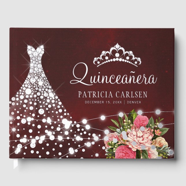 Princess diamond dress silver foil Quinceanera  Guest Book (Front)