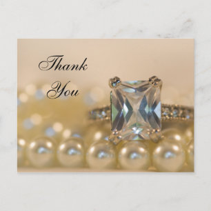 Princess Diamond Ring and Pearls Wedding Thank You Postcard