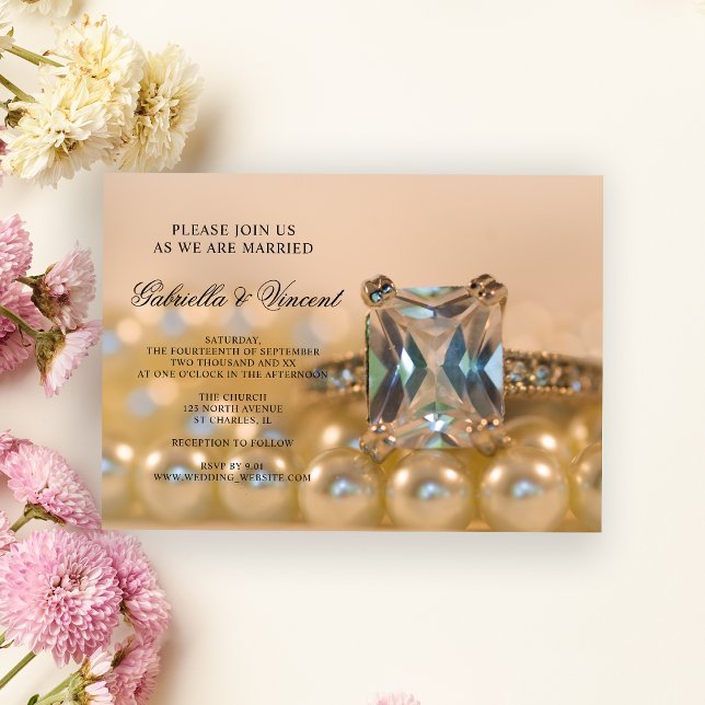 Princess Diamond Ring and White Pearls Wedding Invitation (Creator Uploaded)