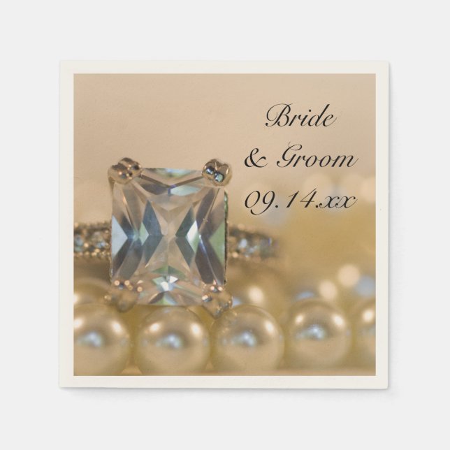 Princess Diamond Ring and White Pearls Wedding Napkin (Front)