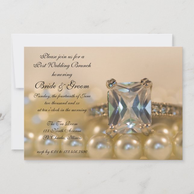 Princess Diamond Ring Pearls Post Wedding Brunch Invitation (Front)
