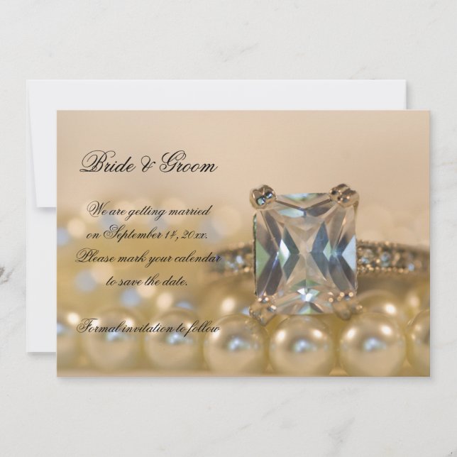 Princess Diamond Ring Pearls Wedding Save the Date (Front)