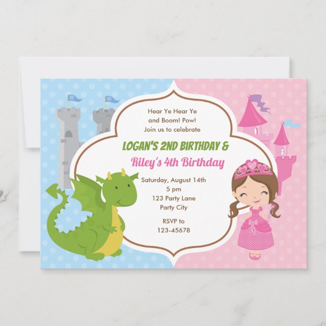 Princess & Dragon Birthday Invitations Twins Joint (Front)